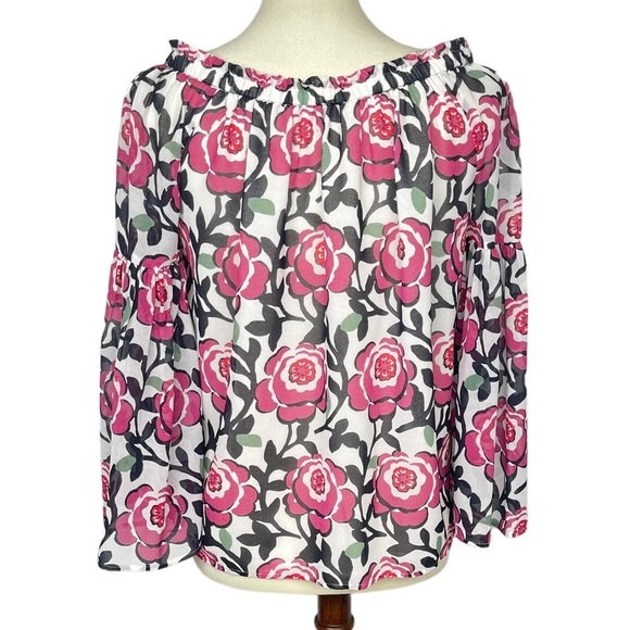Loft Shirt Womens XS Blouse Off the Shoulder White Pink Rose Print Lined Chiffon - Picture 4 of 13